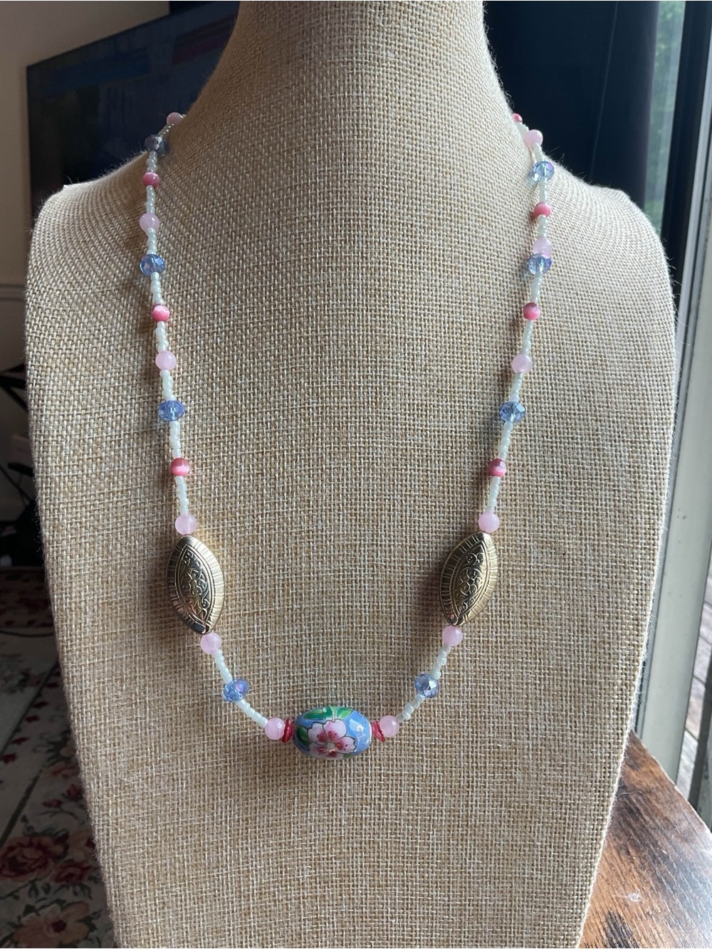 Artisan Made Hand Painted Porcelain Bead and Cat’s Eye Glass Necklace